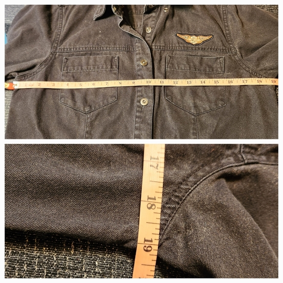 Harley Davidson Embroidered Flame Eagle Black Denim Button Down Shirt Small Y2K - Picture 12 of 13